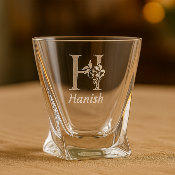 Personalized deep engraved crystal whiskey glass with twisted base design and custom name – elegant special occasion gift for all celebrations