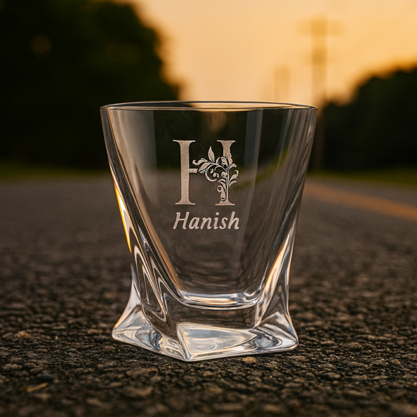 Personalized deep engraved crystal whiskey glass with twisted base design and custom name – elegant special occasion gift for all celebrations
