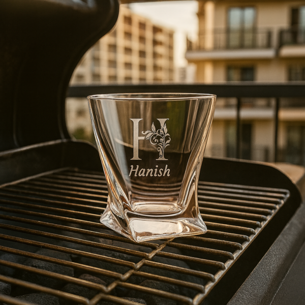 Personalized deep engraved crystal whiskey glass with twisted base design and custom name – elegant special occasion gift for all celebrations