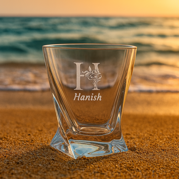 Personalized deep engraved crystal whiskey glass with twisted base design and custom name – elegant special occasion gift for all celebrations