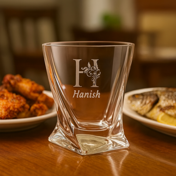 Personalized deep engraved crystal whiskey glass with twisted base design and custom name – elegant special occasion gift for all celebrations