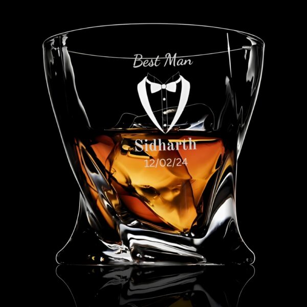 Personalized Best Man Whiskey Glass, Crystal Twisted Design, Custom Engraved with Name and Date