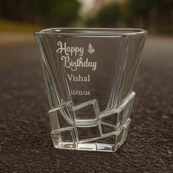 Personalized crystal whiskey glass with deep engraved “Happy Birthday Vishal” design, perfect custom barware gift for birthdays and all occasions.