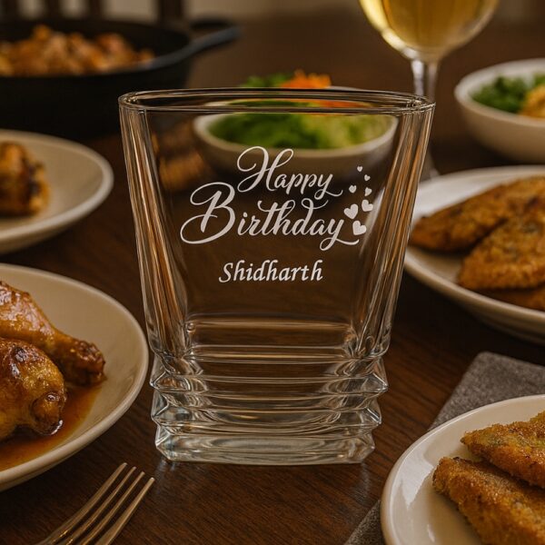 Personalized crystal whiskey glass with engraved “Happy Birthday” message, custom name Shidharth, filled with whiskey and ice cubes – unique engraved gift for birthdays and special occasions.