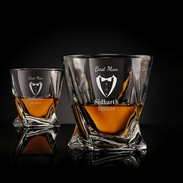 Personalized Best Man Whiskey Glass, Crystal Twisted Design, Custom Engraved with Name and Date