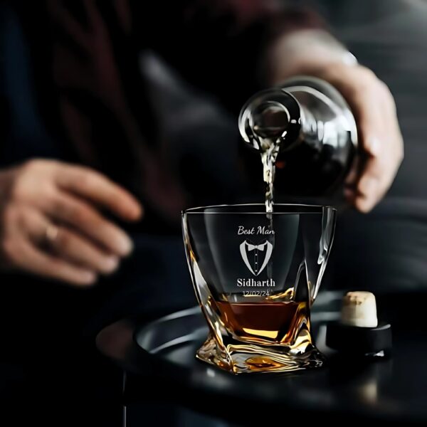 Personalized Best Man Whiskey Glass, Crystal Twisted Design, Custom Engraved with Name and Date
