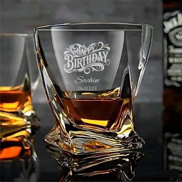 PREMIUM DESIGN: Elegant crystal whiskey glass with unique geometric base pattern and personalised engraving for a sophisticated drinking experience CUSTOMISATION: Features decorative 'Happy Birthday' text with space for personalised name and date engraving CONSTRUCTION: Made from high-quality crystal glass that offers exceptional clarity and brilliant refraction of light VERSATILE USE: Perfect for serving whiskey, scotch, bourbon, or other premium spirits with a capacity suitable for standard pours DIMENSIONS: Distinctive twisted base design with substantial weight and stability for comfortable handling