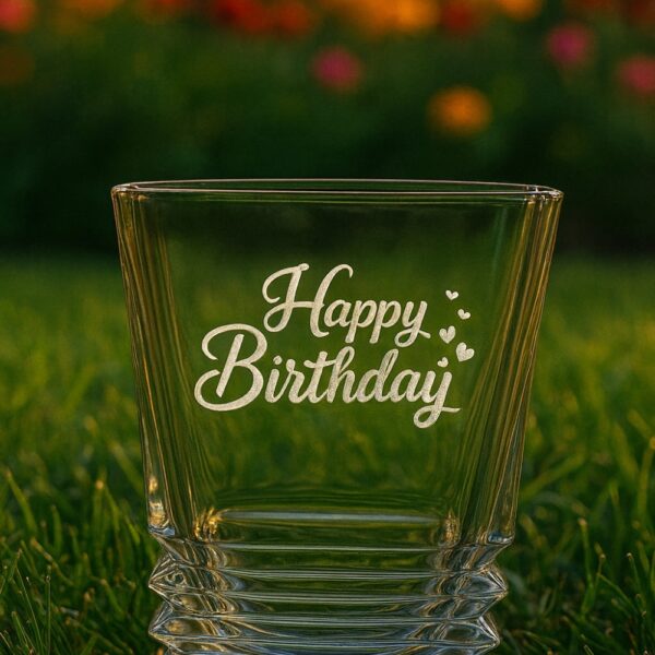 Personalized crystal whiskey glass with engraved “Happy Birthday” message, custom name Shidharth, filled with whiskey and ice cubes – unique engraved gift for birthdays and special occasions.