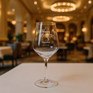 Personalized birthday wine glass engraved with Happy Birthday and name, crystal clear stemware