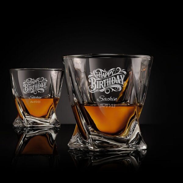 PREMIUM DESIGN: Elegant crystal whiskey glass with unique geometric base pattern and personalised engraving for a sophisticated drinking experience CUSTOMISATION: Features decorative 'Happy Birthday' text with space for personalised name and date engraving CONSTRUCTION: Made from high-quality crystal glass that offers exceptional clarity and brilliant refraction of light VERSATILE USE: Perfect for serving whiskey, scotch, bourbon, or other premium spirits with a capacity suitable for standard pours DIMENSIONS: Distinctive twisted base design with substantial weight and stability for comfortable handling