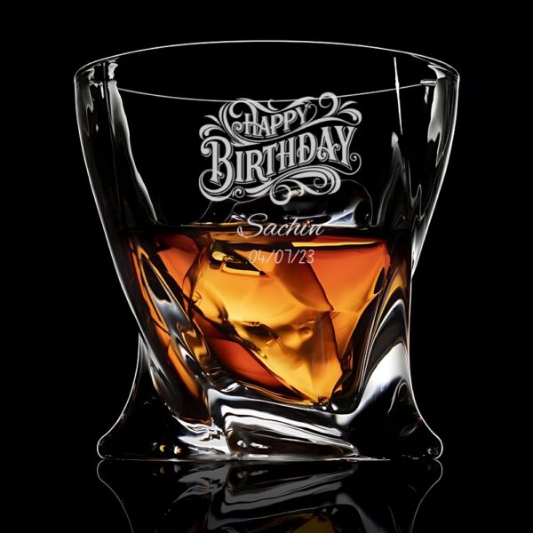 PREMIUM DESIGN: Elegant crystal whiskey glass with unique geometric base pattern and personalised engraving for a sophisticated drinking experience CUSTOMISATION: Features decorative 'Happy Birthday' text with space for personalised name and date engraving CONSTRUCTION: Made from high-quality crystal glass that offers exceptional clarity and brilliant refraction of light VERSATILE USE: Perfect for serving whiskey, scotch, bourbon, or other premium spirits with a capacity suitable for standard pours DIMENSIONS: Distinctive twisted base design with substantial weight and stability for comfortable handling