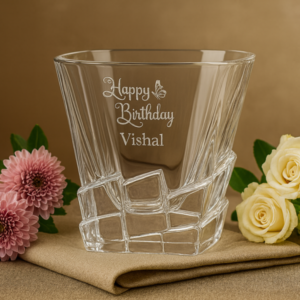 Personalized crystal whiskey glass with deep engraved “Happy Birthday Vishal” design, perfect custom barware gift for birthdays and all occasions.