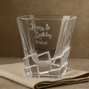 Personalized crystal whiskey glass with deep engraved “Happy Birthday Vishal” design, perfect custom barware gift for birthdays and all occasions.