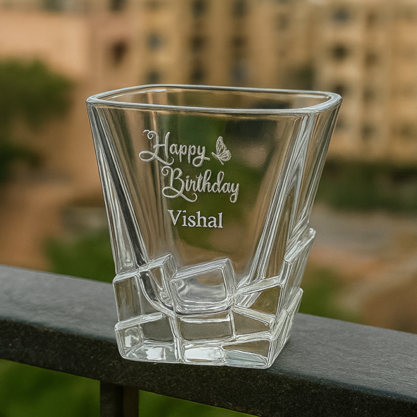 Personalized crystal whiskey glass with deep engraved “Happy Birthday Vishal” design, perfect custom barware gift for birthdays and all occasions.