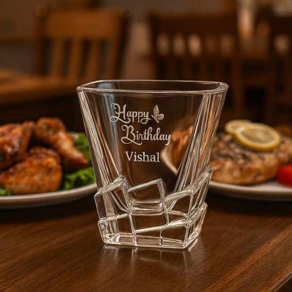 Personalized crystal whiskey glass with deep engraved “Happy Birthday Vishal” design, perfect custom barware gift for birthdays and all occasions.