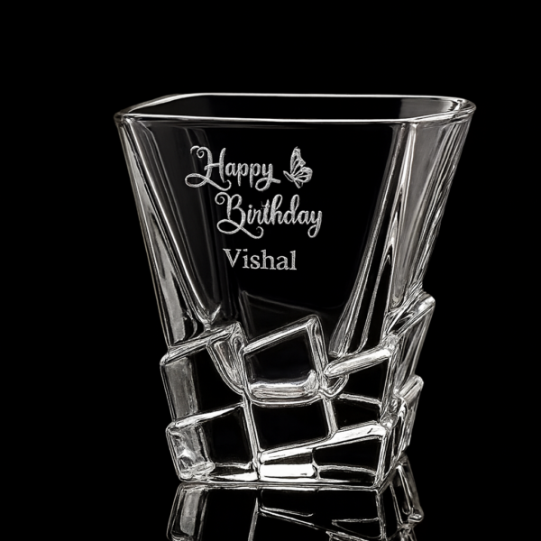 Personalized crystal whiskey glass with deep engraved “Happy Birthday Vishal” design, perfect custom barware gift for birthdays and all occasions.