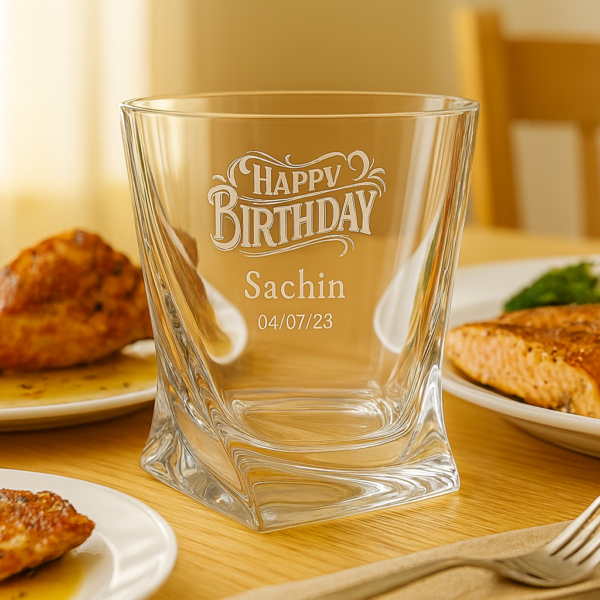 Personalized crystal whiskey glass with engraved “Happy Birthday” text, custom name Sachin, and date 04/07/23 – unique birthday gift for him.