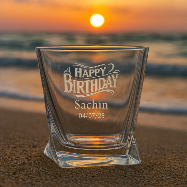 Personalized crystal whiskey glass with engraved “Happy Birthday” text, custom name Sachin, and date 04/07/23 – unique birthday gift for him.
