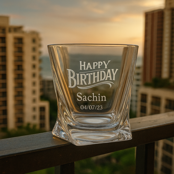 Personalized crystal whiskey glass with engraved “Happy Birthday” text, custom name Sachin, and date 04/07/23 – unique birthday gift for him.