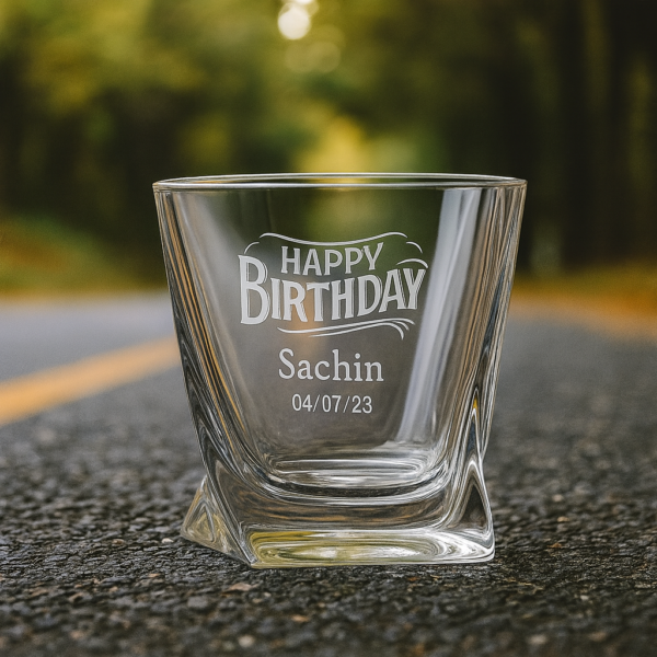 Personalized crystal whiskey glass with engraved “Happy Birthday” text, custom name Sachin, and date 04/07/23 – unique birthday gift for him.