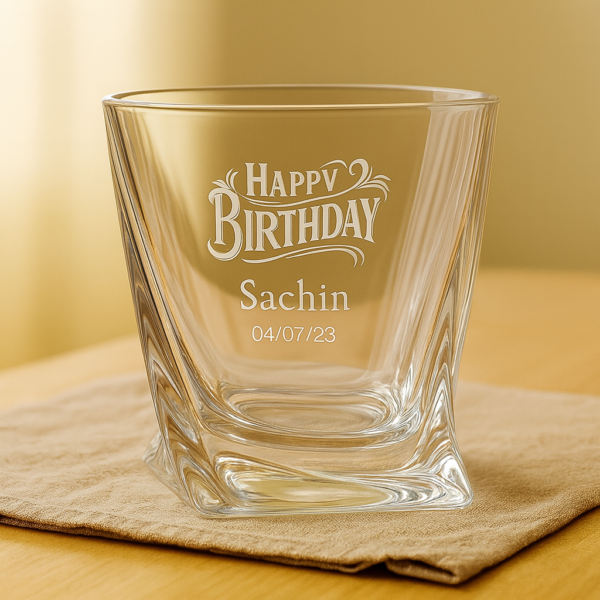 Personalized crystal whiskey glass with engraved “Happy Birthday” text, custom name Sachin, and date 04/07/23 – unique birthday gift for him.