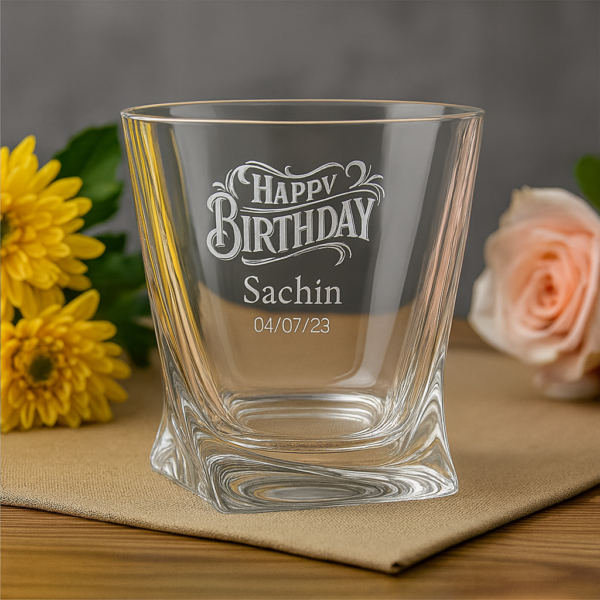 Personalized crystal whiskey glass with engraved “Happy Birthday” text, custom name Sachin, and date 04/07/23 – unique birthday gift for him.