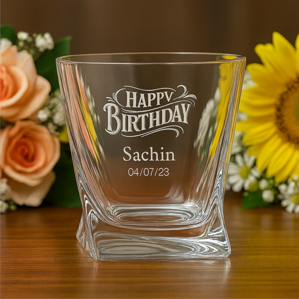 Personalized crystal whiskey glass with engraved “Happy Birthday” text, custom name Sachin, and date 04/07/23 – unique birthday gift for him.