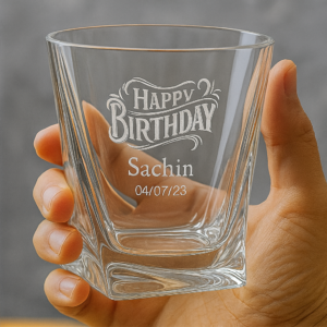 Personalized crystal whiskey glass with engraved “Happy Birthday” text, custom name Sachin, and date 04/07/23 – unique birthday gift for him.