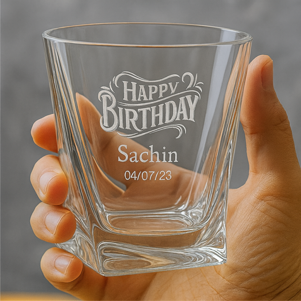 Personalized crystal whiskey glass with engraved “Happy Birthday” text, custom name Sachin, and date 04/07/23 – unique birthday gift for him.