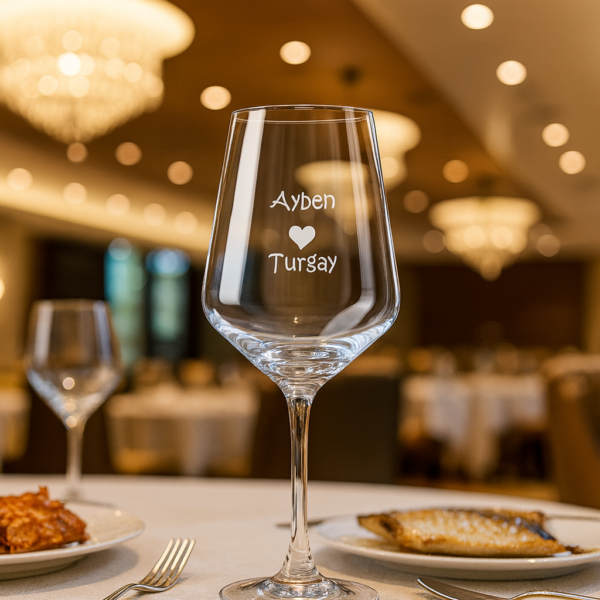 Elegant clear 465 ml wine glasses filled with red wine, laser engraved with custom names and a heart design, displayed on a dining table with flowers, plates, and a wine bottle—perfect personalized gift for Mother’s Day, birthdays, weddings, anniversaries, and special occasions.