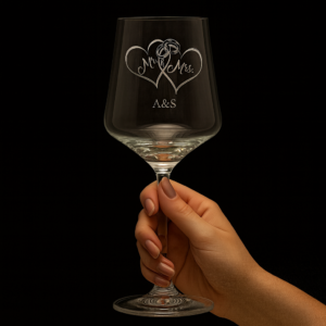 Engraved Mr. & Mrs. wine glasses with intertwined heart design, perfect wedding gift