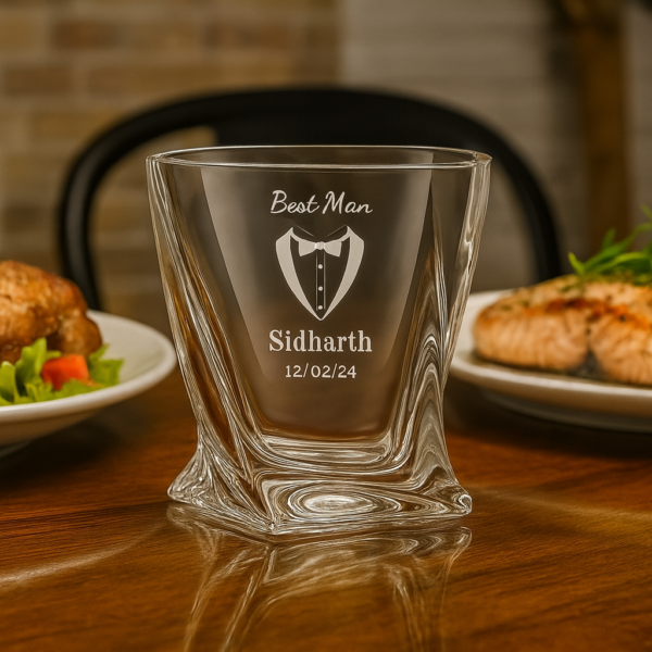 Personalized Best Man whiskey glass with unique crystal twisted design, custom deep engraved with name Sidharth and date, elegant wedding and occasion gift