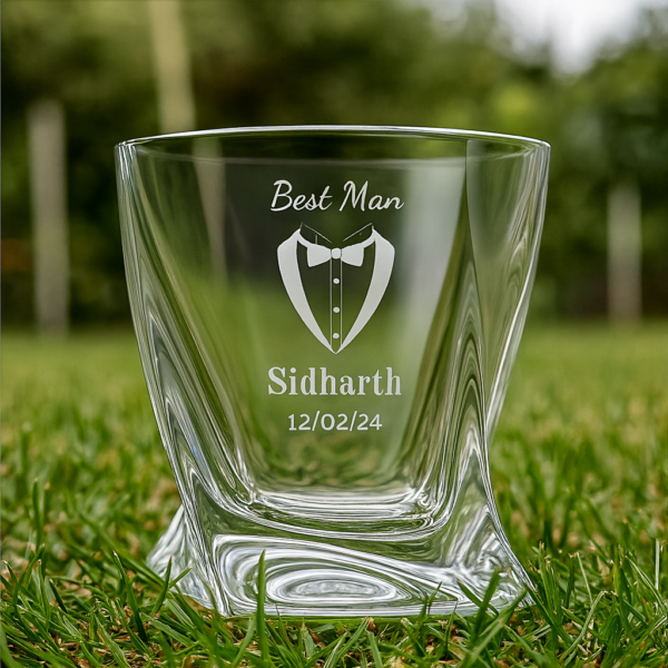 Personalized Best Man whiskey glass with unique crystal twisted design, custom deep engraved with name Sidharth and date, elegant wedding and occasion gift