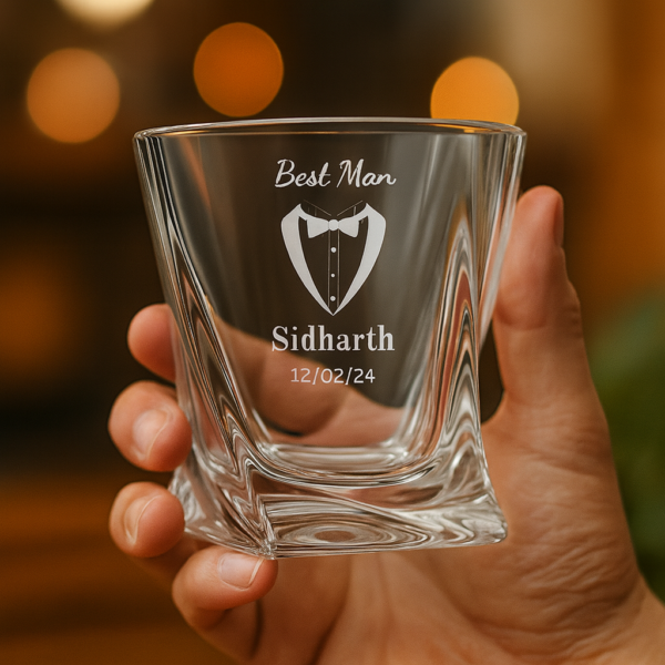 Personalized Best Man whiskey glass with unique crystal twisted design, custom deep engraved with the name and date, elegant wedding and occasion gift