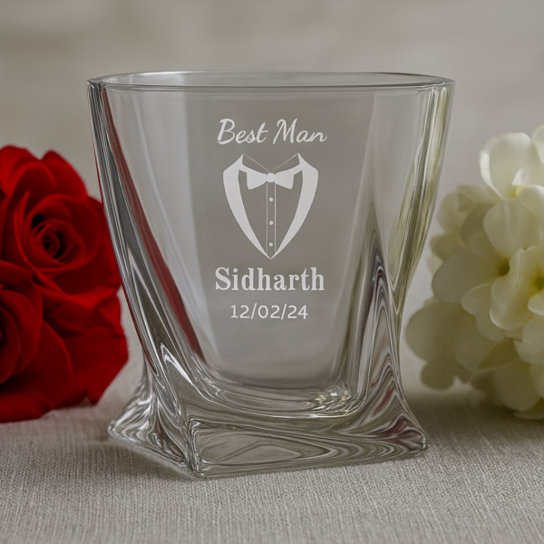 Personalized Best Man whiskey glass with unique crystal twisted design, custom deep engraved with name Sidharth and date, elegant wedding and occasion gift
