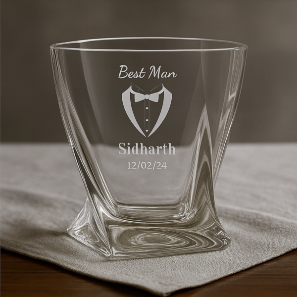 Personalized Best Man whiskey glass with unique crystal twisted design, custom deep engraved with name Sidharth and date, elegant wedding and occasion gift