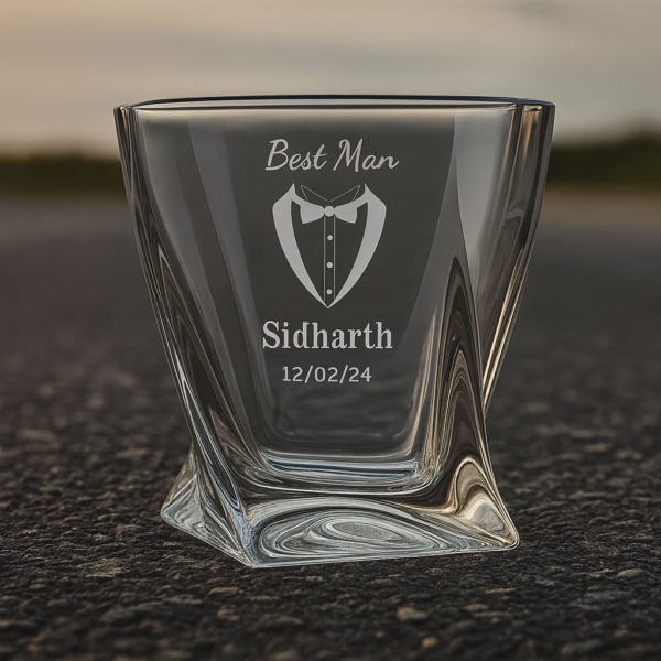 Personalized Best Man whiskey glass with unique crystal twisted design, custom deep engraved with name Sidharth and date, elegant wedding and occasion gift