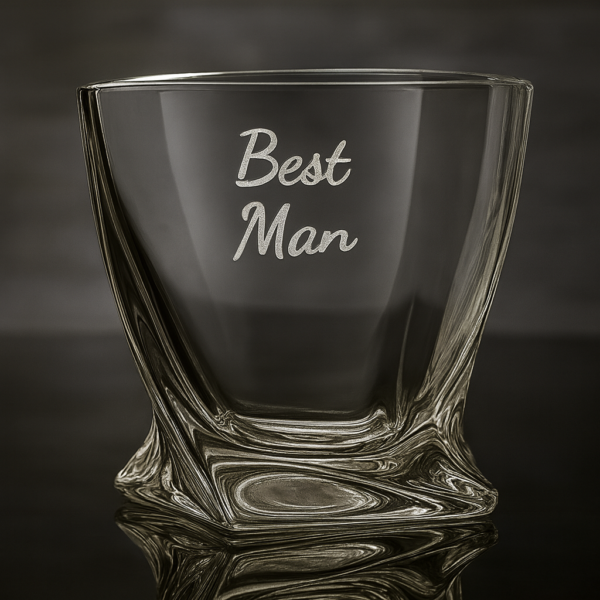 Personalized Best Man whiskey glass with unique crystal twisted design, custom deep engraved with name Sidharth and date, elegant wedding and occasion gift