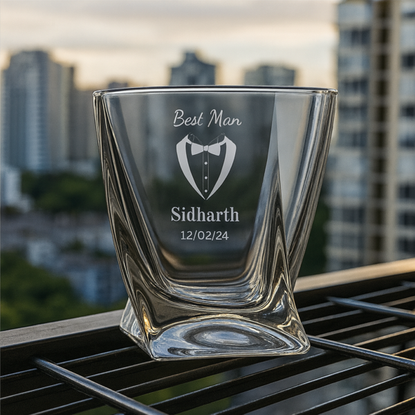 Personalized Best Man whiskey glass with unique crystal twisted design, custom deep engraved with name Sidharth and date, elegant wedding and occasion gift