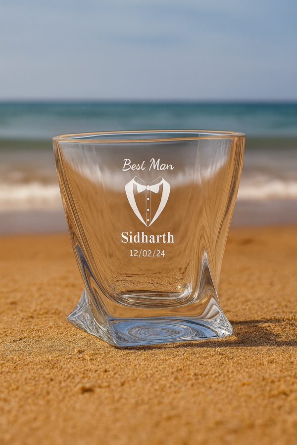 Personalized Best Man whiskey glass with unique crystal twisted design, custom deep engraved with name Sidharth and date, elegant wedding and occasion gift