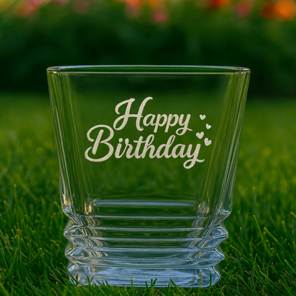 Personalized crystal whiskey glass with engraved “Happy Birthday” message, custom name Shidharth, filled with whiskey and ice cubes – unique engraved gift for birthdays and special occasions.