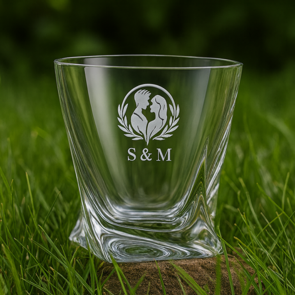 Personalized crystal whiskey glass with twisted base design, engraved with couple silhouette inside a wreath, initials S & M, and date 16/06/24, filled with whiskey