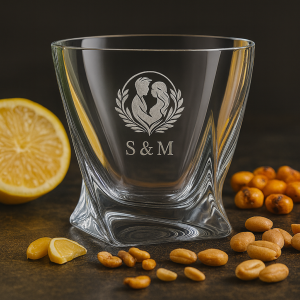 Personalized crystal whiskey glass with twisted base design, engraved with couple silhouette inside a wreath, initials S & M, and date 16/06/24, filled with whiskey