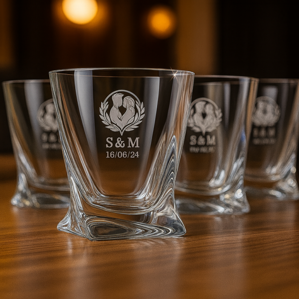 Personalized crystal whiskey glass with twisted base design, engraved with couple silhouette inside a wreath, initials S & M, and date 16/06/24, filled with whiskey