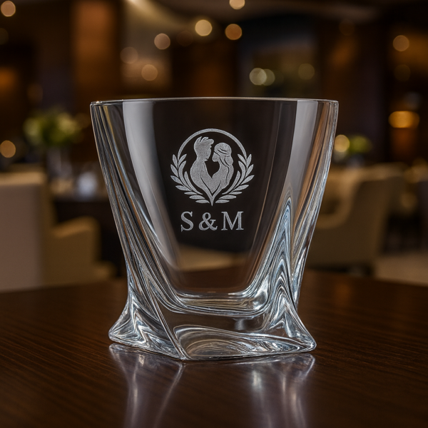 Personalized crystal whiskey glass with twisted base design, engraved with couple silhouette inside a wreath, initials S & M, and date 16/06/24, filled with whiskey