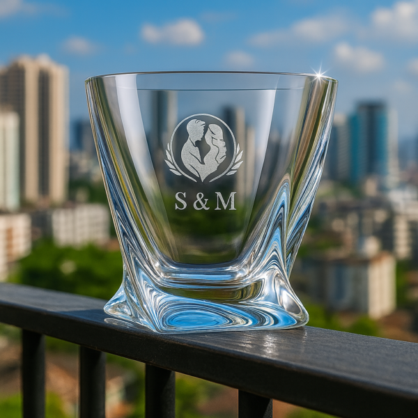 Personalized crystal whiskey glass with twisted base design, engraved with couple silhouette inside a wreath, initials S & M, and date 16/06/24, filled with whiskey