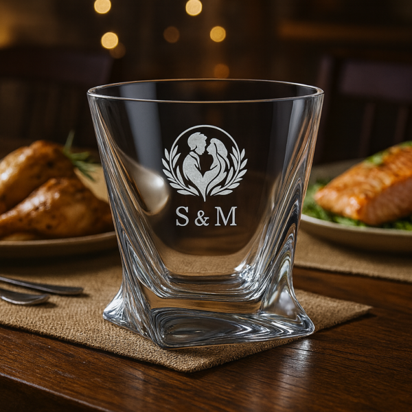 Personalized crystal whiskey glass with twisted base design, engraved with couple silhouette inside a wreath, initials S & M, and date 16/06/24, filled with whiskey