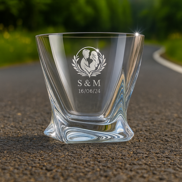 Personalized crystal whiskey glass with twisted base design, engraved with couple silhouette inside a wreath, initials S & M, and date 16/06/24, filled with whiskey