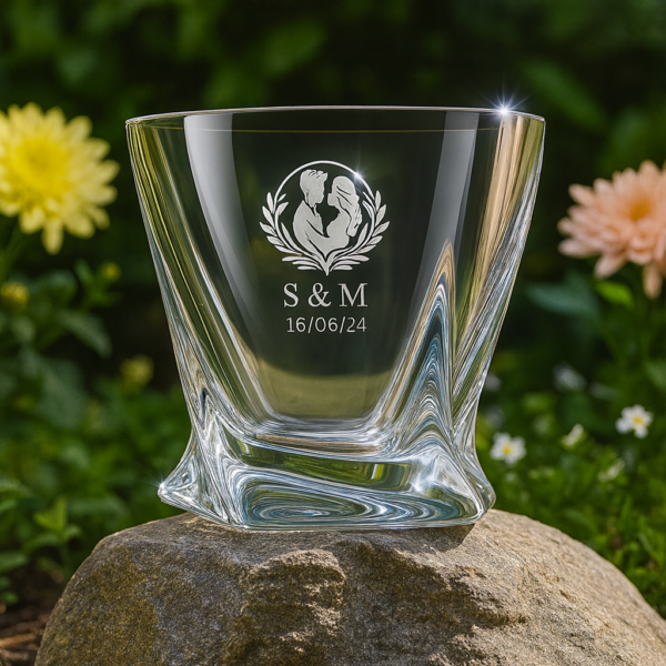Personalized crystal whiskey glass with twisted base design, engraved with couple silhouette inside a wreath, initials S & M, and date 16/06/24, filled with whiskey