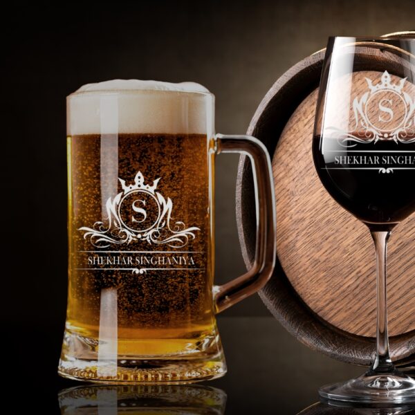 Elevate your drinking experience with this exquisite 500ml personalised beer mug, featuring an elegant crown monogram design. The crystal-clear glass construction showcases your favourite brew while adding a touch of sophistication with its beautifully engraved pattern. Perfect as a thoughtful gift for special occasions, this sturdy mug combines classic styling with personalised charm. The comfortable handle provides a secure grip, whilst the generous 500ml capacity ensures ample room for your preferred beverage. The premium quality glass material preserves your drink's temperature and carbonation, making every sip as enjoyable as the first. Whether it's for Christmas, birthdays, or any celebration, this customised beer mug makes for a memorable present that's both practical and stylish. The intricate crown design and monogram add a royal touch to this drinking vessel, making it a cherished addition to any collection. Suitable for various beverages, this mug promises to be a conversation starter at gatherings and a treasured keepsake for years to come.